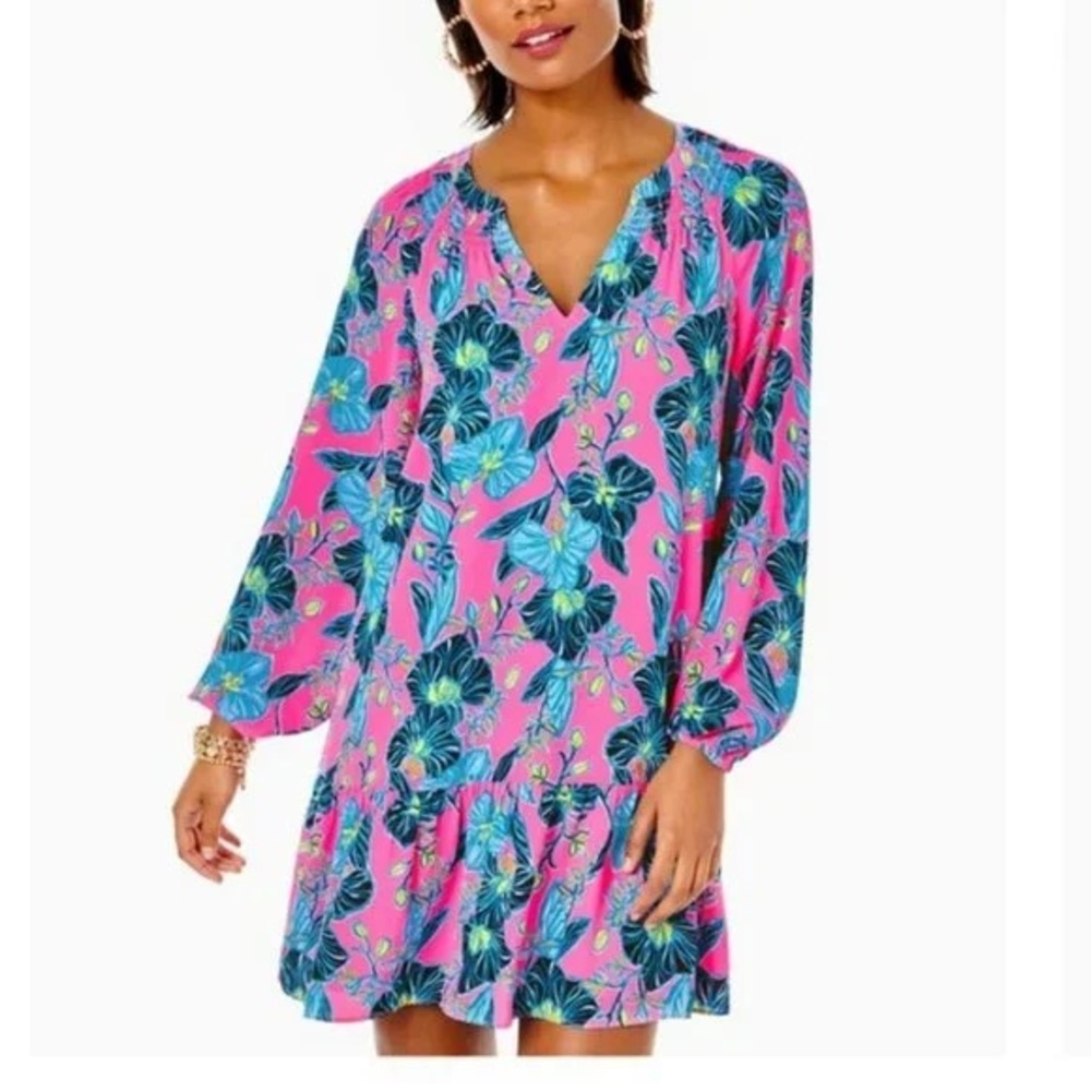 Vibrant Pink Floral Mini Dress | Boho Tunic Dress | Tropical Print Shift Dress